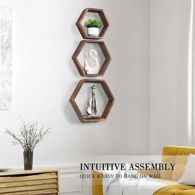 NOVIMANGO Hexagon Floating Shelves Set of 6 Honeycomb Shelves for Wall Wood Farmhouse Storage Home Decor Shelf Wall Mounted Wooden Hexagonal Shelves for Bedroom Living Room Nursery, Rustic Brown