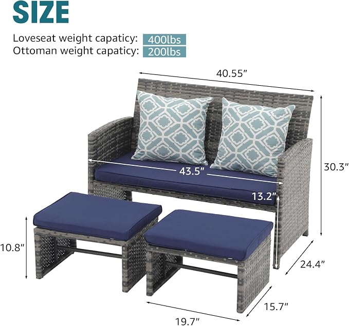 OC Orange-Casual Patio Furniture Set,3 Pieces Outdoor Wicker Conversation Loveseat with Ottomans for Porch, Gray Rattan Navy Blue Cushions