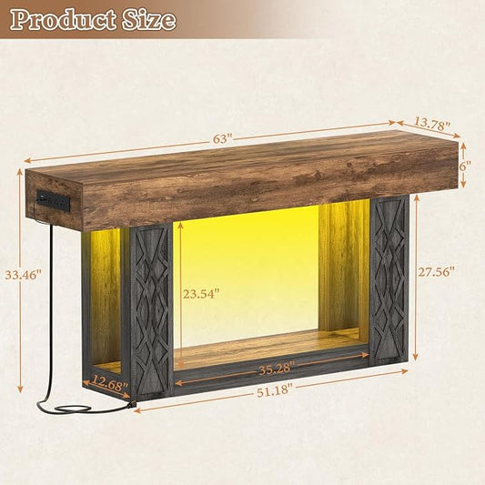 Unikito 63" Console Table with Outlets & LED Lights, Farmhouse Entryway Table with Unique Geometric Pattern, Sofa Table Behind Couch with 2-Tier Storage for Living Room, Hallway, Foyer, Grey & Brown
