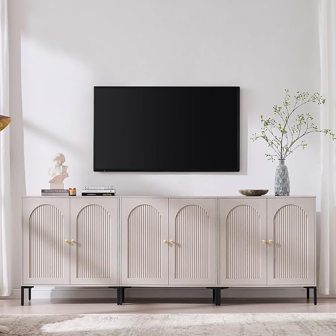 IFGET Modern Buffet Cabinet with Storage, 92.63" Fluted Arched Sideboard Cabinet w/Adjustable Shelves, Wooden Modular Coffee Bar for Dining Room, Kitchen, Living Room, Entryway, Light Grey