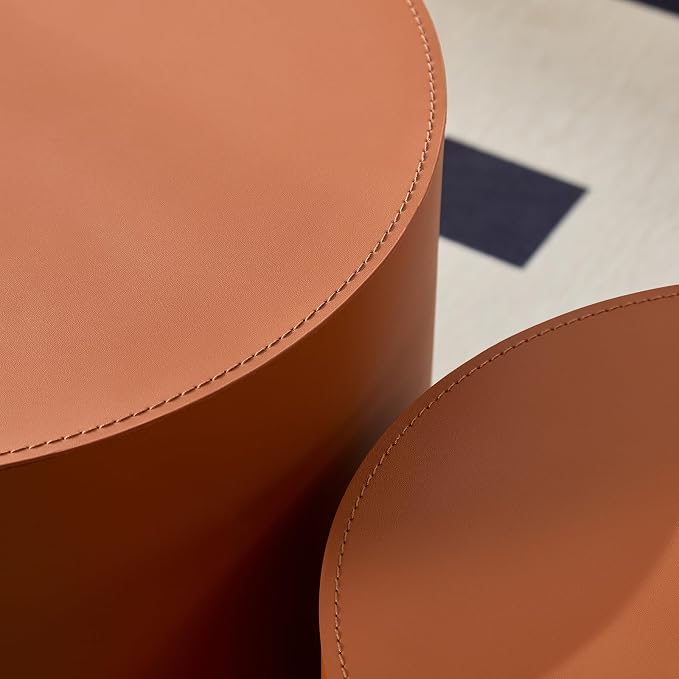 Round Coffee Table Set of 2, Modern Leather Circle Accent Tables, Minimalist Wooden Drum Side Table for Small Spaces Living Room Bedroom Balcony Office, Orange