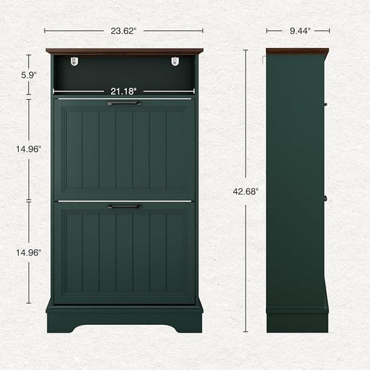 Shoe Storage Cabinet with 2 Flip Drawers, 24" W Farmhouse Modern Hidden Shoes Rack Cabinet with Adjustable Shelves & Open Storage, Narrow Slim Shoe Organizer for Front Door Entrance, Entryway, Green