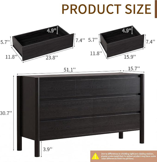 CHUWELL 3-Piece Bedroom Dresser Set-7 Drawer Dresser & 2 Nightstands,51" Wide Black Dresser and Night Stands Set with Solid Wood Cylindrical Legs