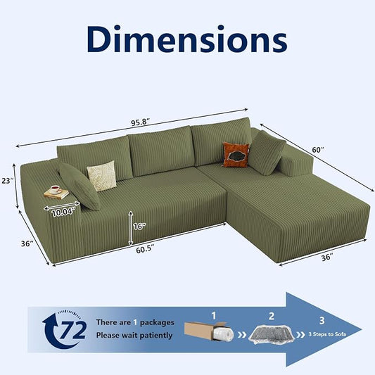 96" Modular Sectional Sofa, Modern Corduroy Cloud Couch with Deep Seat, Boneless Couch Upholstered 3-Seater L-Shaped Sofa for Living Room, No Assembly Required (Green, Right-Facing Chaise)
