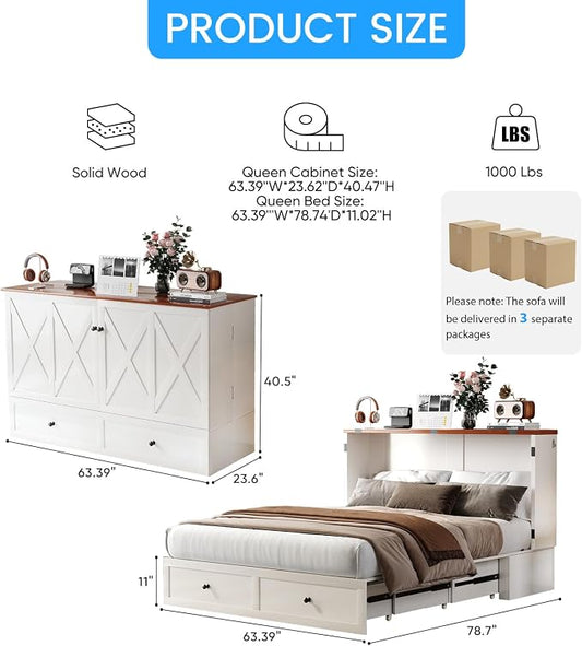 PUREMIND Murphy Bed Queen, X Frame Cabinet Beds Chest with Charging Station & Storage Drawers, Convertible Hideaway Cabinet Bed for Guest Room, White, Without Mattress