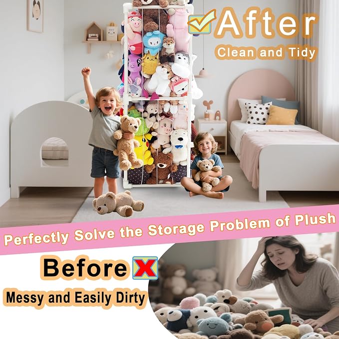 Large Stuffed Animal Storage Zoo Cage Holder, 19"x19"x56.3" Pre-Threaded Bungee Upgrade PVC Toy Organizers and Storage, Vertical Space Saving Plush Toys Zoo Holder, for Bedroom Playroom, White