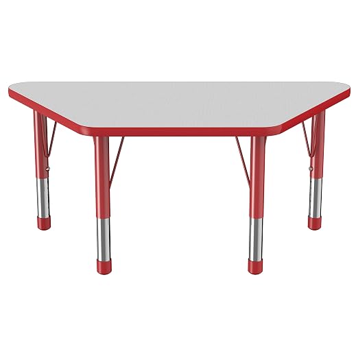 FDP Trapezoid Activity School and Classroom Kids Table (24 x 48 inch), Chunky Toddler Legs for Collaborative Seating Environments, Adjustable Height 15-24 inches - Gray Top and Red Edge