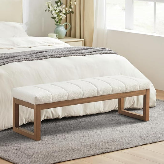 Zihanhome 52.7" Bedroom Bench for End of Bed, Modern Upholstered Teddy Fabric Entryway Bench & Dining Bench, Footrest Stool Bench with Solid Wood Frame for Bedroom, Living Room (Beige)