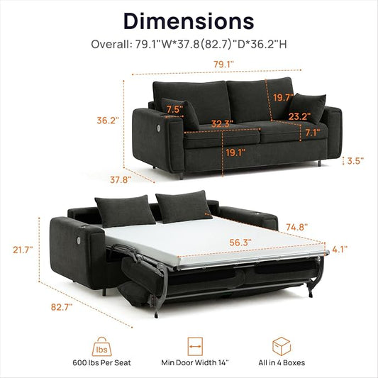 Pull Out Sofa Bed, No Cushion Removal, Queen Sleeper Sofa with USB Fast Charging, Memory Form Mattress, 2-in-1 Convertible Comfy Loveseat Couch Bed for RV, Apartment, and Small Spaces (Dark Grey)