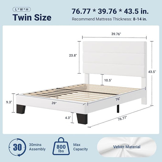 Allewie Twin Size Platform Bed Frame with Velvet Upholstered Headboard and Wooden Slats Support, Fully Upholstered Mattress Foundation/No Box Spring Needed/Easy Assembly, White