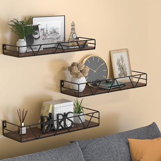 Amaoot Floating Shelves Set of 3, Home Wood Wall Shelf, Farmhouse Shelf for Bedroom, Wall Mounted Floating Shelf for Living Room, Bedroom, Bathroom, Kitchen, Office (Black)
