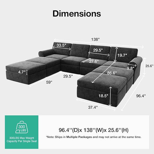 Novilla 138" Modular Sectional Sofa, Modular Sectional Couches for Living Room, Chenille Removable Cover Cloud Couch with Smarts Coil® Support U-Shaped Boneless Couch(Dark Grey, 4 Seater + 4 Ottoman)