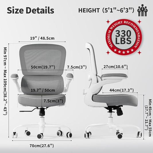 TRALT Ergonomic Office Chair - Desk Chair with Adjustable Lumbar Support Computer Chair - Mesh Comfy Chair with Flip-up Armrests - Gaming Chairs for Adults Home Office (Leather, Grey)