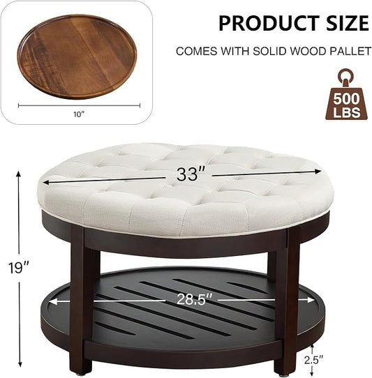 adochr Round Coffee Tables for Living Room,33’’ Storage Ottoman with Wooden Tray, Upholstered Ottoman Footrest, Beige