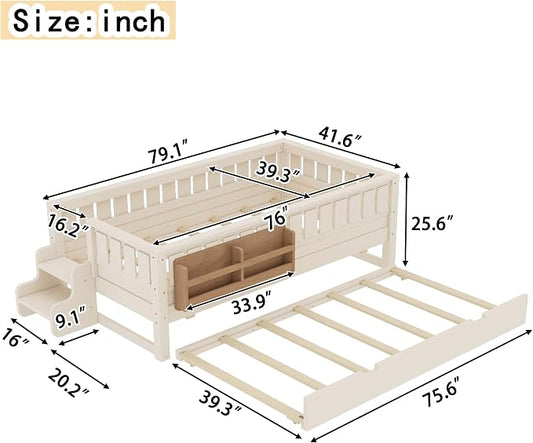 Bellemave Twin Kids Montessori Bed with Stairs, Bookshelf and Trundle, Solid Wood Kids Bed Frame with Storage for Boys Girls, Low Profile,Beige