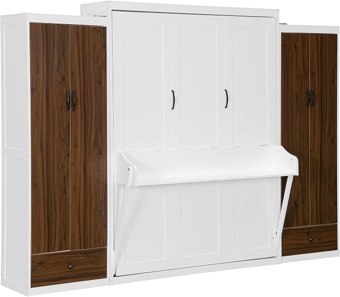 Queen Murphy Bed with Storage Wardrobes, Drawers and Drop-Down Desk | Space-saving wall bed with top LED lights, 500 lbs capacity and recommended 8-inch mattress fit for guest rooms or offices