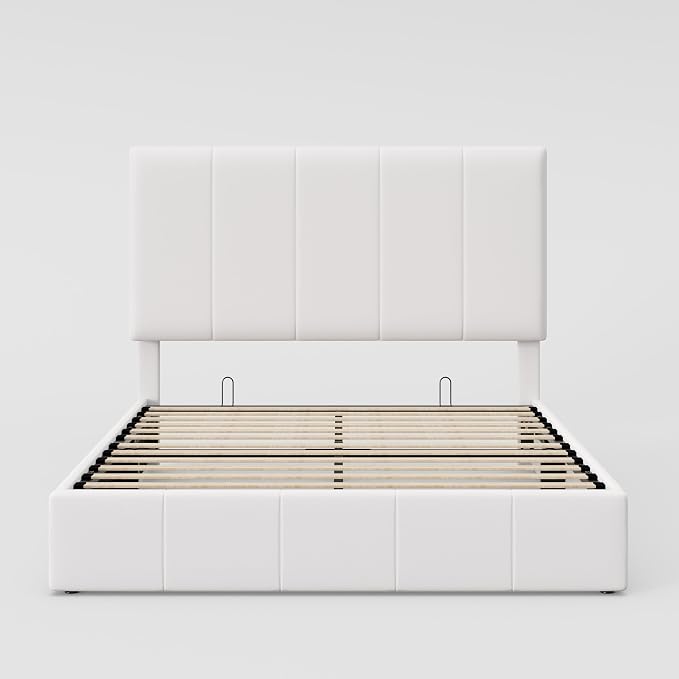 Allewie Queen Size Velvet Lift Up Storage Bed Frame, Vertical Channel Tufted Headboard, Hydrualic Underneath Storage, Upholstered Platform Bed, Wooden Slats Support, No Box Spring Needed, White