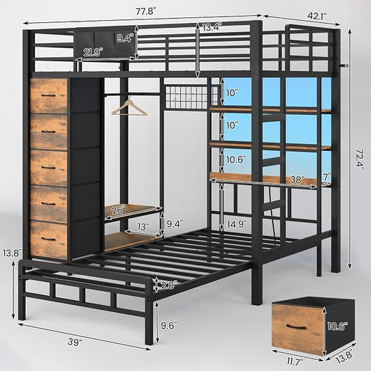 VIAGDO Bunk Bed Twin Over Twin with 5 Storage Drawers, Twin Bunk Beds with Charging Station and Lights, L-Shaped Metal Bunk Bed with Shelves, Bedside Pocket, Guardrail & Ladder for Kids, Teens, Black