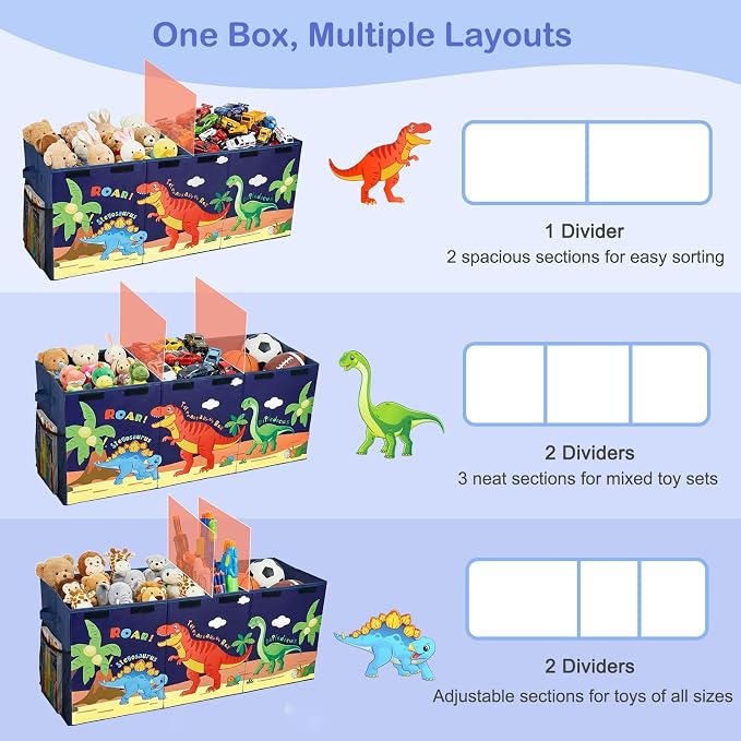 Unicorn Castle Toy Box with Adjustable Divider Toy Chest Storage Large Toy Storage Organizer Bin Collapsible with Lid Pockets for Nursery Playroom,Dark Blue Dinosaur