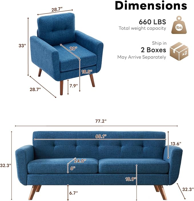 Tbfit Mid Century Modern Sofa Couch, Blue, Standard Sofa & Accent Chair | linen fabric