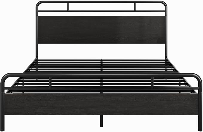 SHA CERLIN King Size Bed Frame with Vintage Industrial Wood Headboard, Heavy Duty Metal Platform with 12" Under-Bed Storage, Mattress Foundation, No Box Spring Needed, Noise-Free, Easy Assembly, Black