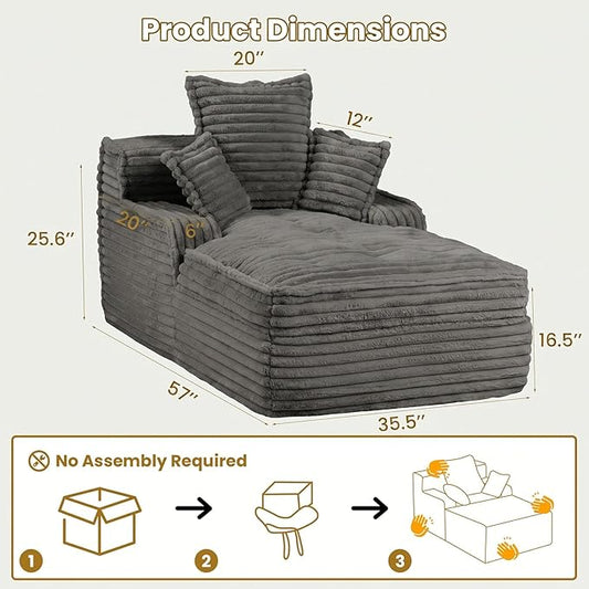 57 Inch Chaise Lounge Chair Indoor, Corduroy Upholstered Boneless Sofa Bed, Deep Seat Sleeper Couch Reading Chairs, Small Comfy Cloud Sofas Couches for Living Room, Bedroom, Grey