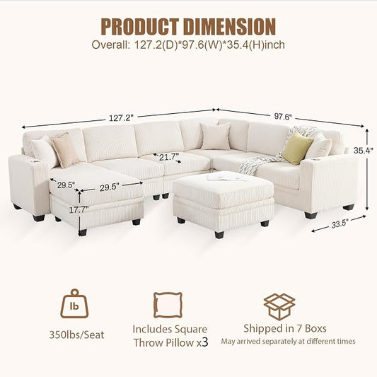 127" Modular Sectional Sofa with Storage, Corduroy 8-Seater V-Shaped Sofa with Ottoman Chaise, Convertible L-Shaped U-Shaped Cloud Sectional Couches for Living Room, Apartment