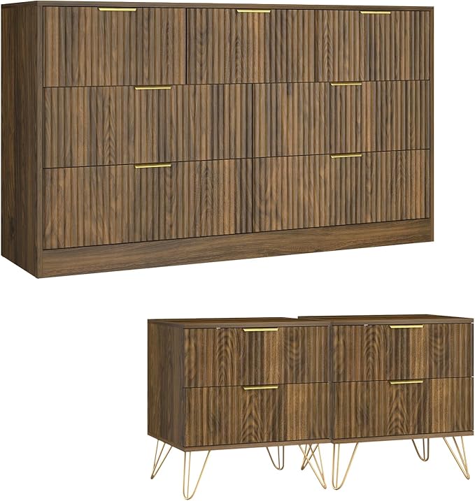 7 Drawer Dresser and Nightstand Sets, 3 Pcs Bedroom Set for Bedroom, Fluted Night Stand Set of 2 & 55" Wide Dresser w/Gold Handles, Mid Century Wood Chest of Drawers Storage Set, Walnut