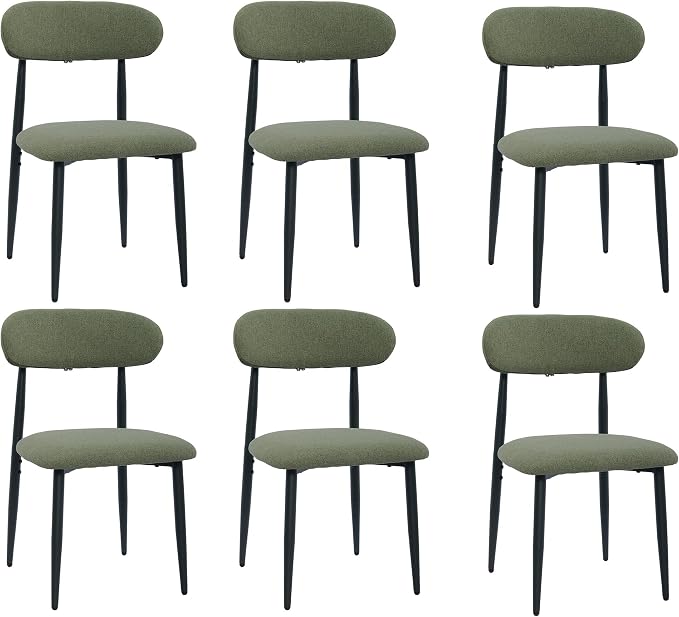 FREKEN Modern Upholstered Dining Chairs Set of 6, Mid-Century Metal Frame Linen Fabric Side Chair for Kitchen Dining Room, 350lbs Capacity, Green