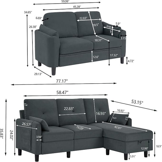 Convertible Sectional Couch Set, 77" L Shaped Sofa with Ottoman and 57" Loveseat, Modern Couches for Living Room, Apartment and Office, Dark Grey