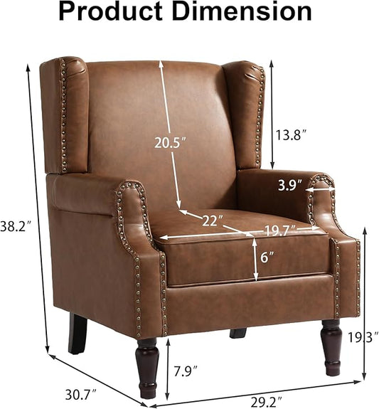 Pia Ricco Set of 2 Faux Leather Accent Chairs, High Back Wingback Armchairs with Retro Floral Design, Nailhead Trim & Solid Wood Legs for Living Room Bedroom Home Office (Brown)