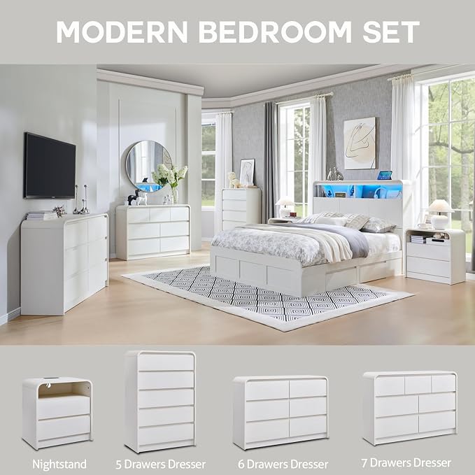 Aitjunz Modern 5 Drawers Dresser for Bedroom, 45" Tall Dressers & Chests of Drawers w/Curved Profile Design, Wood Mid Century Vertical Dresser w/Natural Texture for Bedroom, Living Room, Antique White