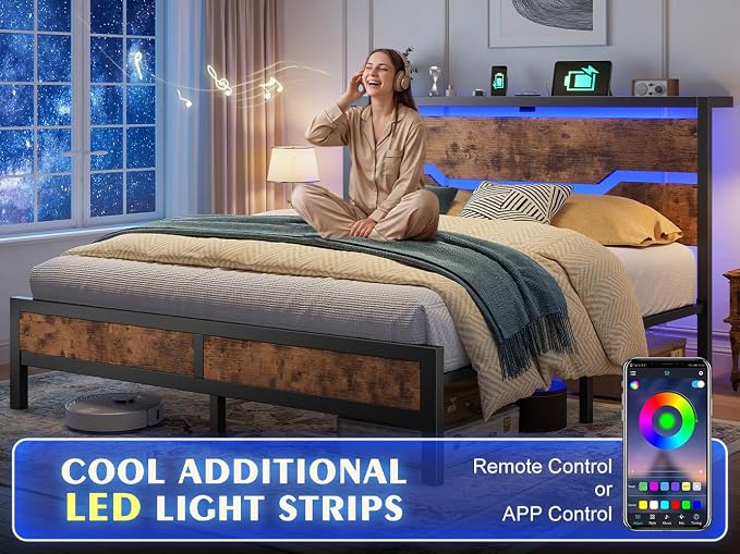Homkdom Queen Bed Frame with USB Ports & LED Lights, Headboard Shelf, Heavy Duty Metal Platform with 10.24" Underbed Storage, Noise-Free Slats, No Box Spring Needed, Modern Brown