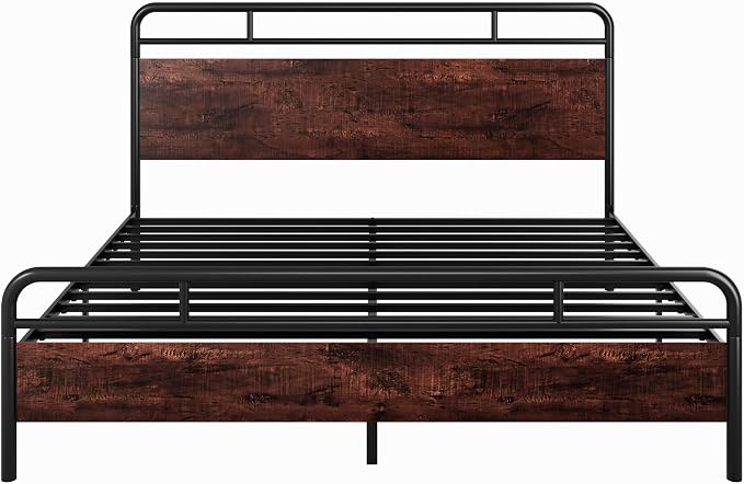 SHA CERLIN King Size Bed Frame with Wooden Headboard and Footboard, Rounded Corner Metal Structure, Heavy Duty Slats with Under-Bed Storage, No Box Spring Needed, Mahogany