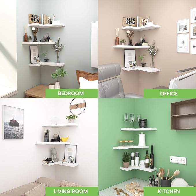 NATURE'S SOURCE Floating Corner Shelves with Invisible Brackets Set of 3, Corner Shelves Wall Mounted, for Home Bedroom Bathroom Kitchen Living Room Office- 16.1" x 11.5" (Pure White)