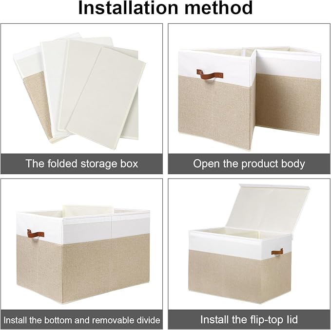 Gowee Large Toy Storage Box with Lid, Sturdy Toys Storage Chest Bin Organizer Basket with Dividers for Kids, Boys, Girls, Nursery, Closet, Bedroom, Playroom 26"x17" x17" (Beige and White)