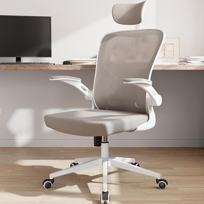 Office Chair Ergonomic Desk Chair with Lumbar Support&Headrest&Flip-up Arms Height Adjustable Rocking Swivel High Computer Chair Multi-Angle from 90° to 125° with 350LBS Capacity(White+Khaki-2)