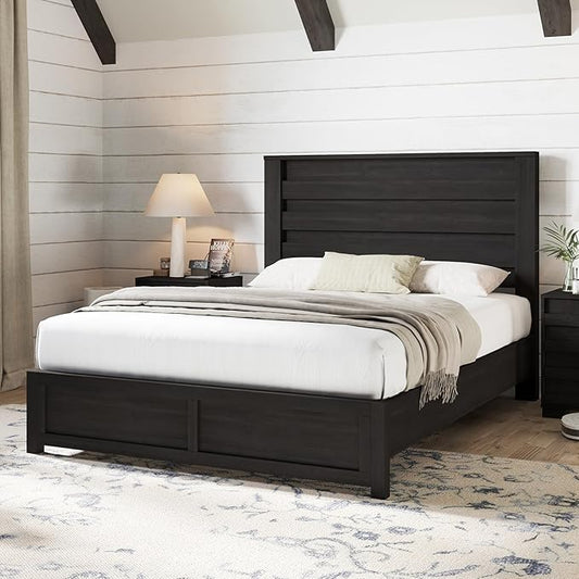 AMERLIFE 2-Piece Farmhouse Bedroom Set, Full Bed Frame and 6 Drawer Dresser, Platform Bed with 49" Fluted Headboard, 54" Wide Wood Chest of Drawer for Bedroom, Black