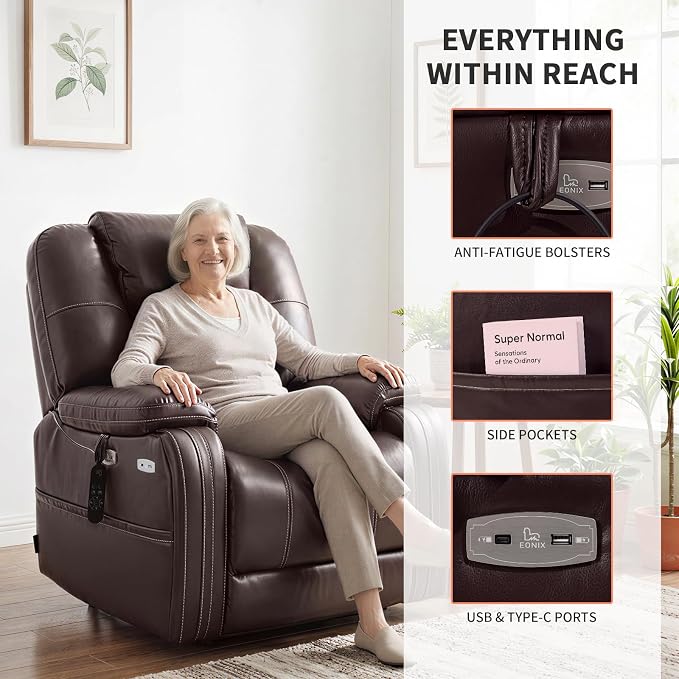 EONIX Triple Motor Lay Flat Power Lift Recliner Chair for Elderly with Adjustable Headrest, 400lbs Electirc Lift Chair for Living Room, Lumbar Pillow, Extended Footrest, Dark Brown