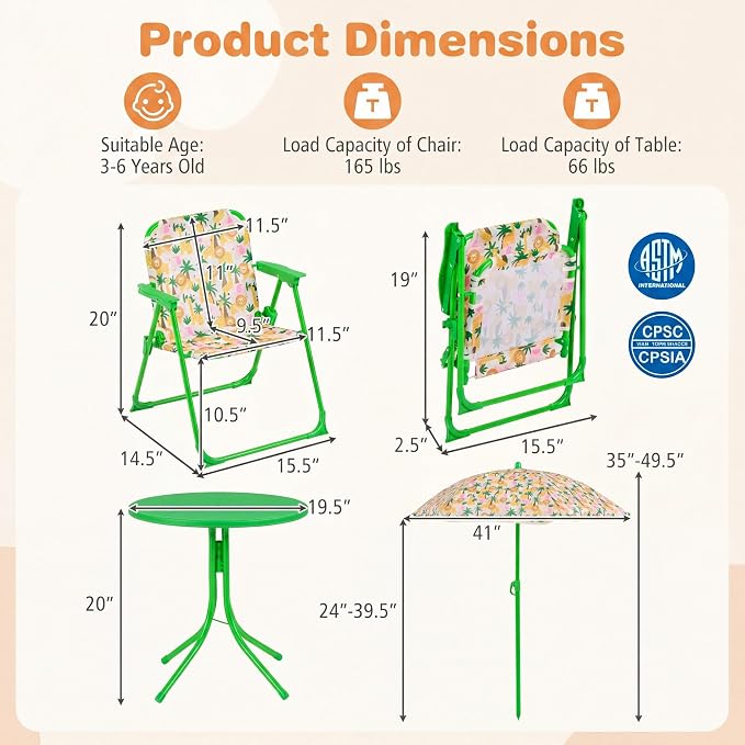 HONEY JOY Kids Picnic Table, Animal Themed Toddler Outdoor Table and Chair Set, 2 Folding Chairs & Removable Umbrella, Children Outdoor Furniture for Backyard Patio Garden (Green Lion)