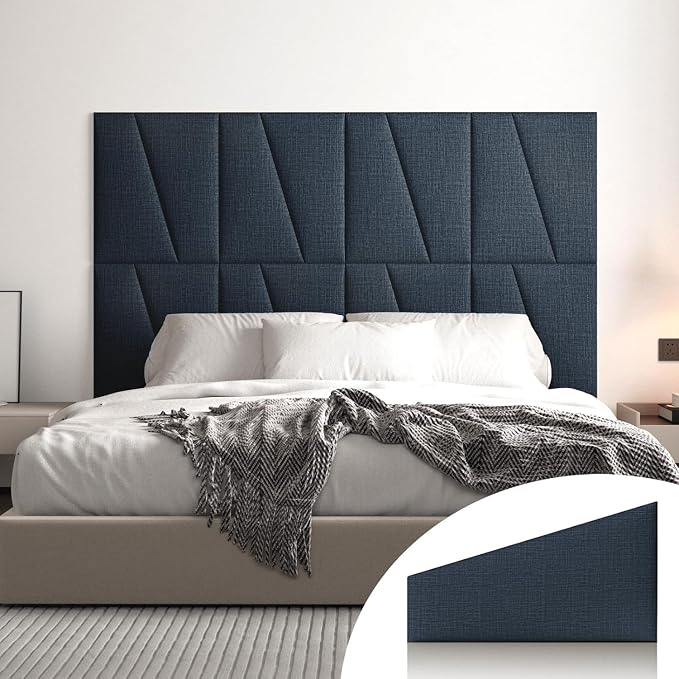 Peel and Stick Headboard Panels for Bed,Soft Padded Fabric Noise-Reducing Panels with Modern Stylish Design for Bedroom Decor (Dark Blue, King)