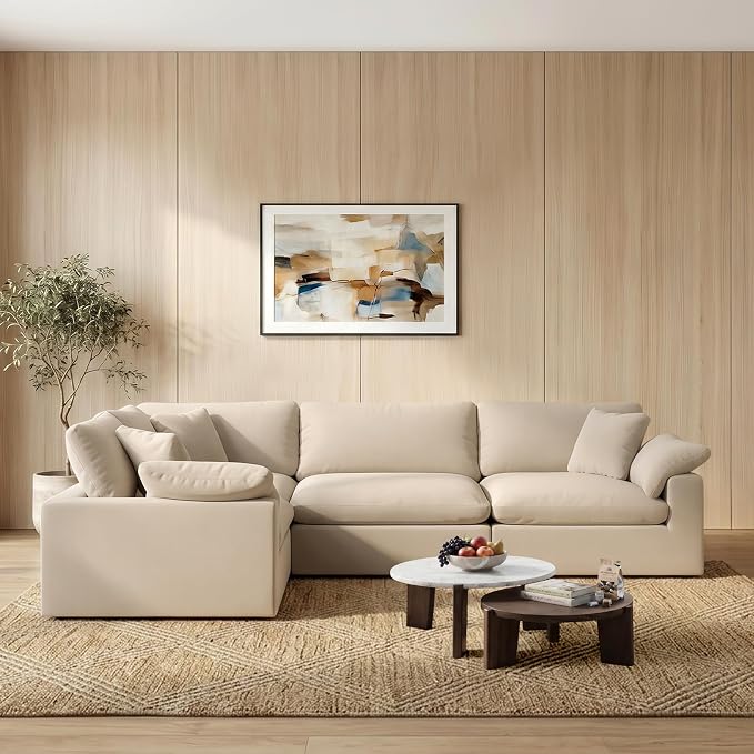 Modular Sectional Sofa,4 Seater Cloud Couch,Down Filled Comfy Cloud Modern Sofa,Khaki Linen Oversized Couch Cushion Covers Removable for Living Room