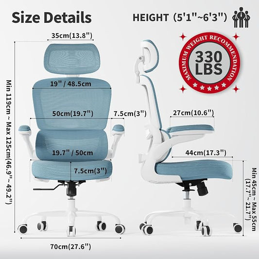 TRALT Ergonomic Office Chair - Desk Chair with Adjustable Headrest Lumbar Support Computer Chair - Mesh Comfy Chair with Flip-up Armrests - Gaming Chairs for Adults Home Office (PU Leather, Blue)