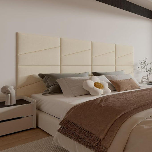 Peel and Stick Headboard for Queen Bed Linen Fabric Upholstered Wall Mounted Headboard - Wall Padding Panel in Beige for Bedroom/Living Room/Dorm (6 Panels)