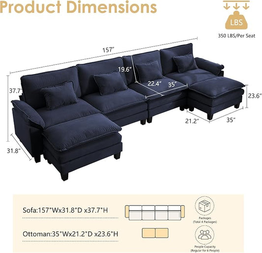 157" Corduroy Modular Sectional Sofa, Convertible U Shaped Modular Sofa Comfy Cloud Couch with Ottoman, Side Pockets and 4 Throw Pillows for Living Room, Blue, 6 Seats