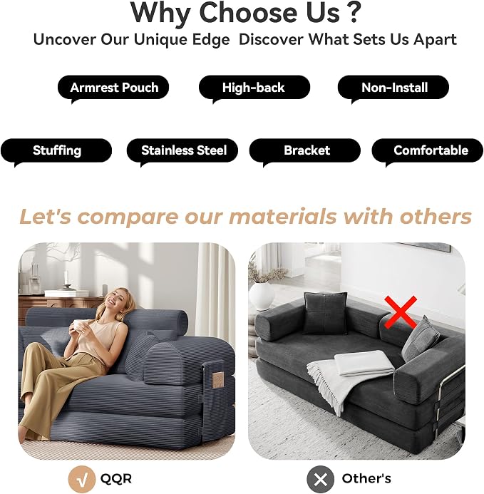 Upgrade High Backrest Design Sofa Bed with Fixed-Shape Frame & Removable Armrests and Backrest, Corduroy Fabric, Convertible Couch for Small Spaces - No Assembly Needed (Dark Gray)