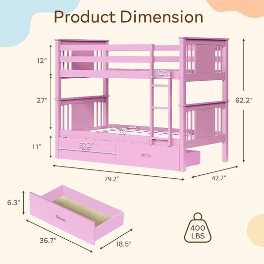 Bunk Bed Twin Over Twin, Convertible Wood Bunk Beds with 2 Storage Drawers, Solid Wood Slats, Widened Guardrail, Sturdy Ladders, No Box Spring Needed, Pink