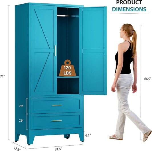 Metal Armoire Wardrobe Closet with Drawers, 71" Wardrobe Cabinet with Adjustable Shelves and Hanging Rod for Bedroom, Blue Metal Closet Storage Cabinet with 2 Doors & 2 Drawers