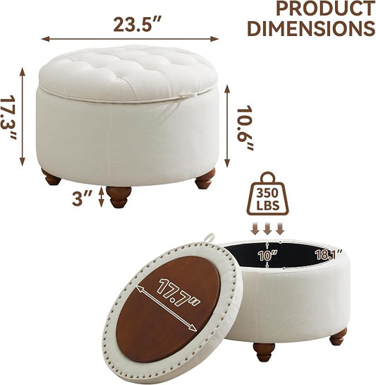 WUTUTUEE 24Inch Round Storage Ottoman with Tray, Modern Tufted Fabric Circle Coffee Table with Storage, Upholstered Ottoman with Removable Top for Living Room, Bedroom, Beige