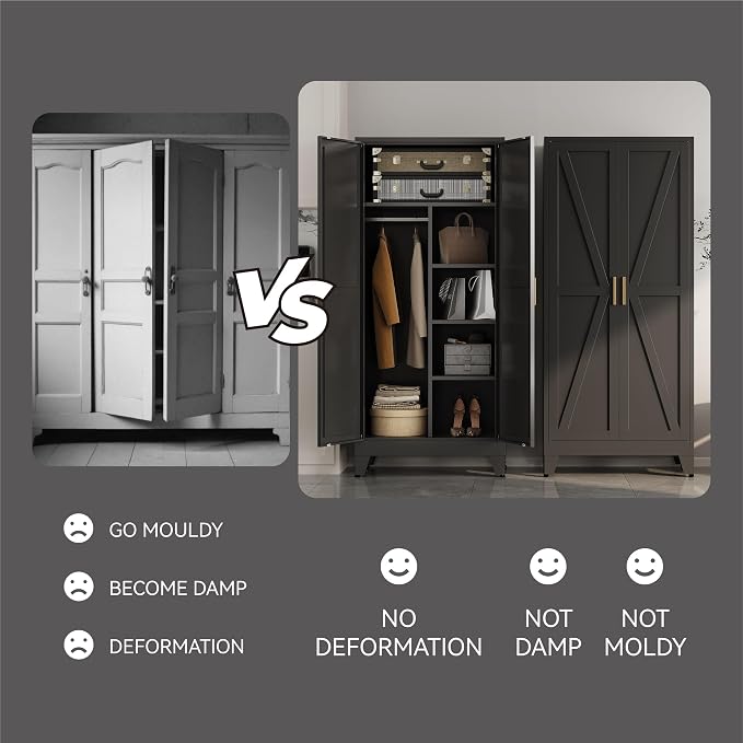 Metal armoire Wardrobe Closet with Hanging Rod,71'' Metal Wardrobe Cabinet with 2 Doors and 4 Adjustable Shelves, Bedroom armoires,Laundry Room cabinets,armario de ropa Closet